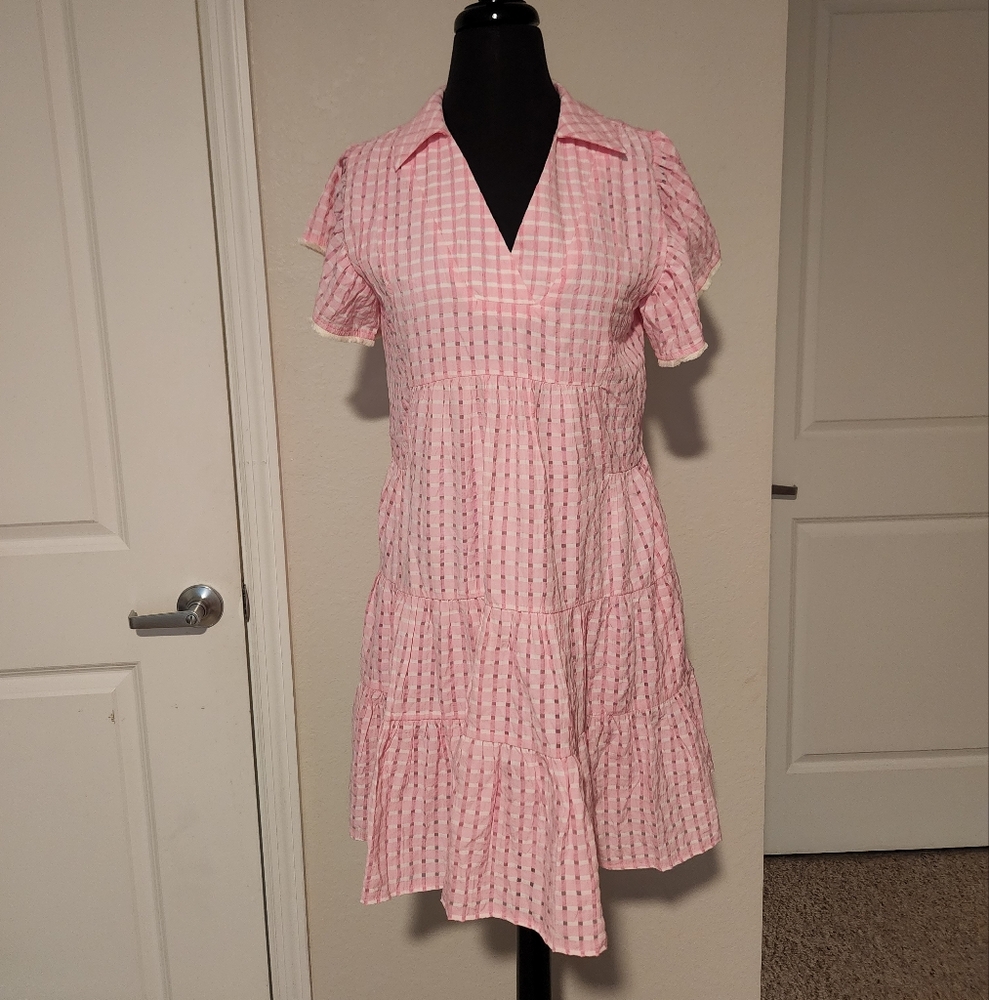 THML Pink and White Ruffled Puff Sleeve Sundress